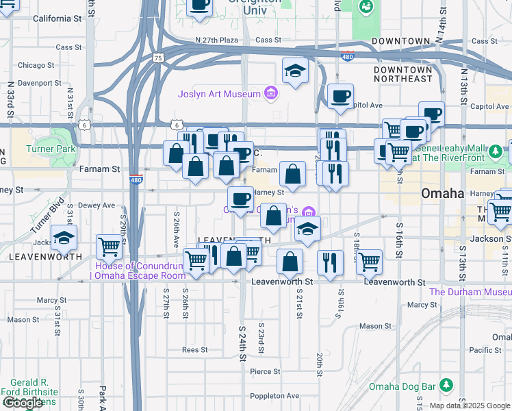 map of restaurants, bars, coffee shops, grocery stores, and more near 230 Dewey Avenue in Omaha