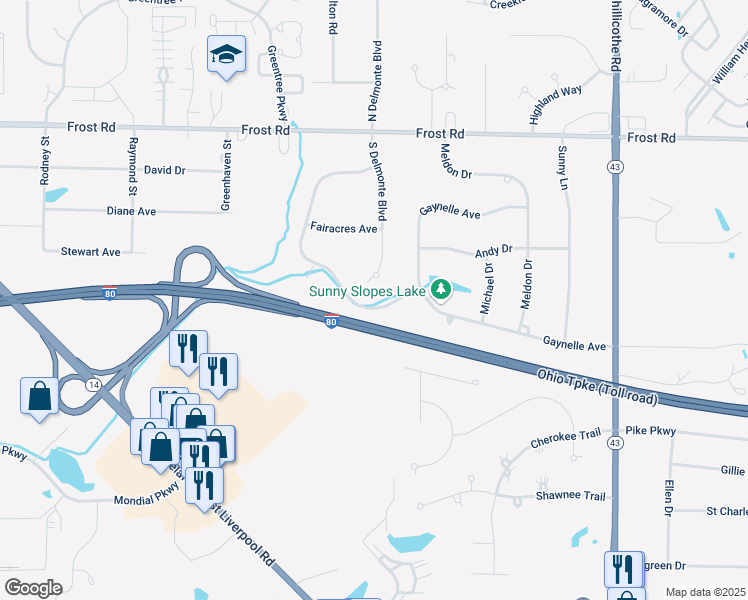 map of restaurants, bars, coffee shops, grocery stores, and more near 744 Fronek Drive in Streetsboro