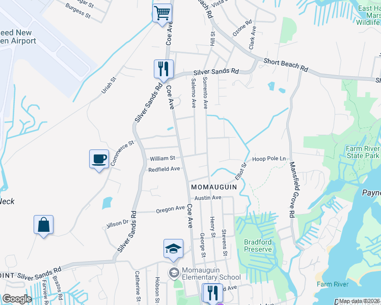 map of restaurants, bars, coffee shops, grocery stores, and more near 285 Coe Avenue in East Haven