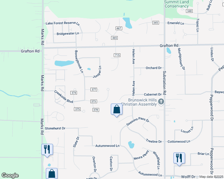 map of restaurants, bars, coffee shops, grocery stores, and more near 5042 Creekside Boulevard in Brunswick