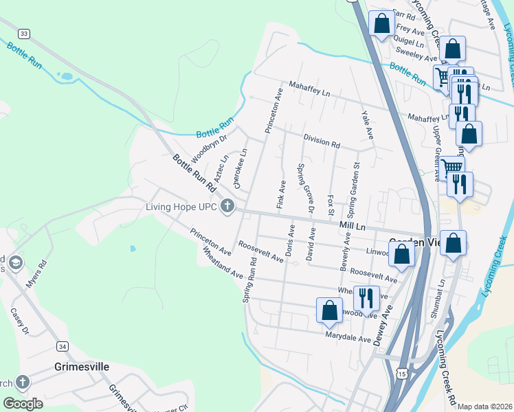 map of restaurants, bars, coffee shops, grocery stores, and more near 2390 Mill Lane in Williamsport