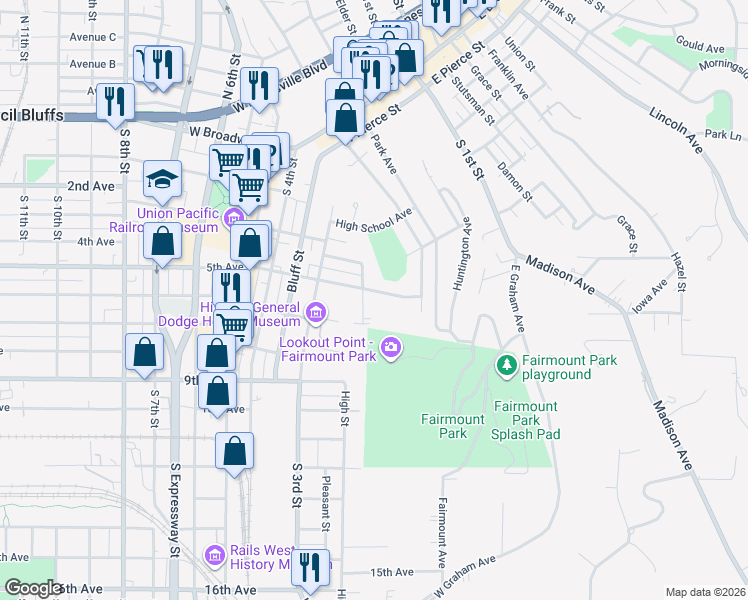 map of restaurants, bars, coffee shops, grocery stores, and more near 509 Clark Avenue in Council Bluffs
