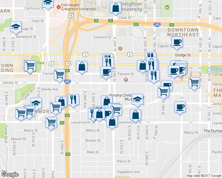 map of restaurants, bars, coffee shops, grocery stores, and more near 501 South 24th Avenue in Omaha