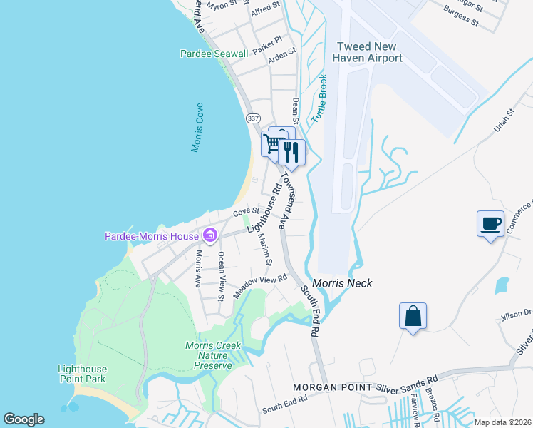 map of restaurants, bars, coffee shops, grocery stores, and more near Lighthouse Road & Cove Street in New Haven