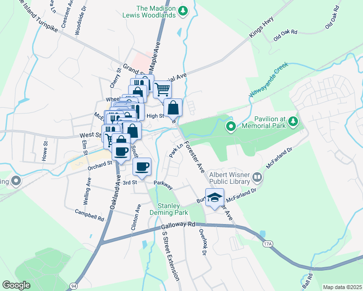 map of restaurants, bars, coffee shops, grocery stores, and more near 400 Park Lane in Warwick