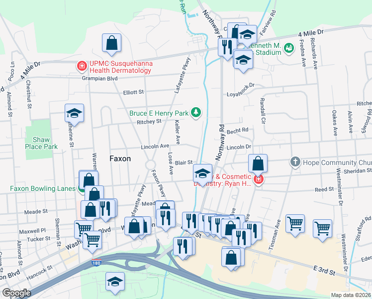 map of restaurants, bars, coffee shops, grocery stores, and more near 1626-1698 Lincoln Ave in Williamsport