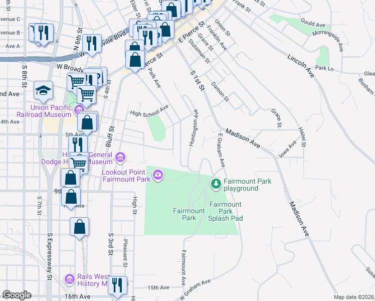 map of restaurants, bars, coffee shops, grocery stores, and more near 461 Park Avenue in Council Bluffs