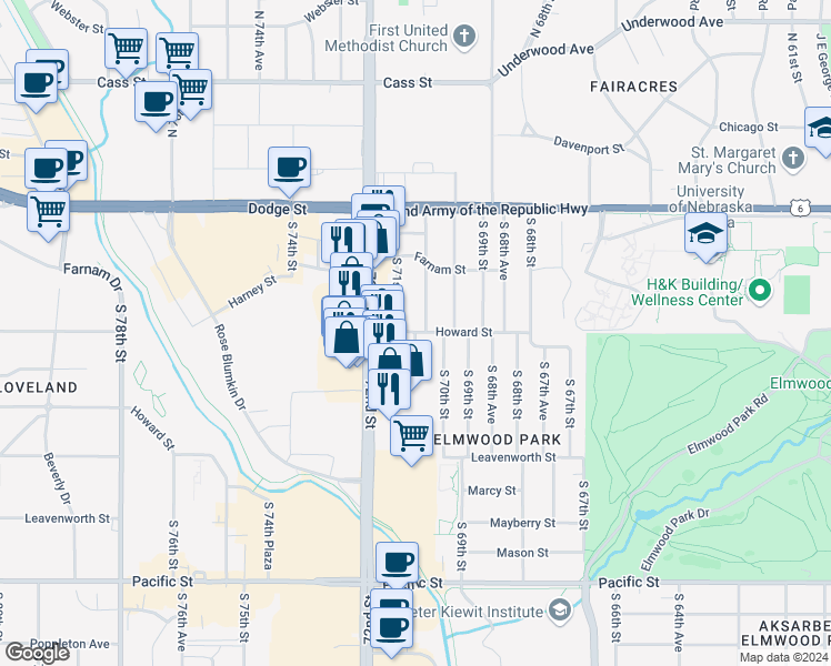 map of restaurants, bars, coffee shops, grocery stores, and more near 345 South 71st Street in Omaha