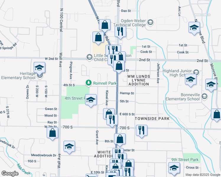 map of restaurants, bars, coffee shops, grocery stores, and more near 363 4th Street South in Ogden