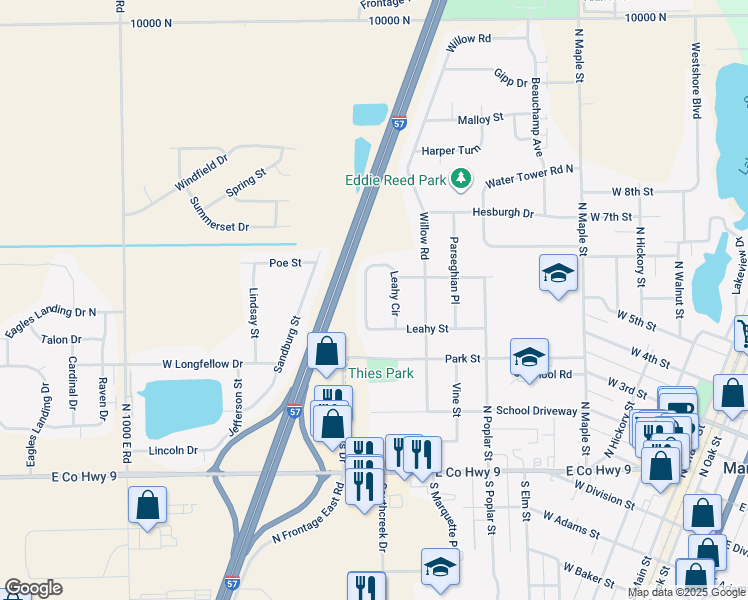 map of restaurants, bars, coffee shops, grocery stores, and more near 483 Leahy Circle in Manteno