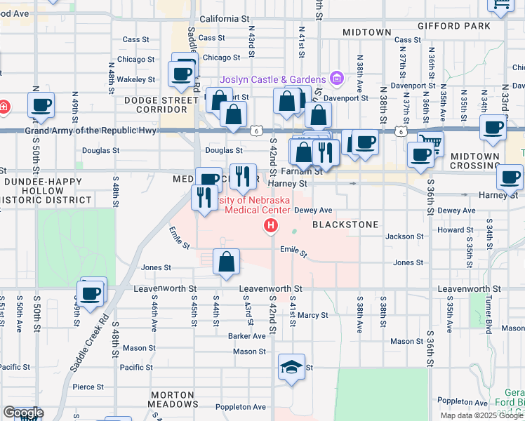 map of restaurants, bars, coffee shops, grocery stores, and more near 4315 Dewey Avenue in Omaha