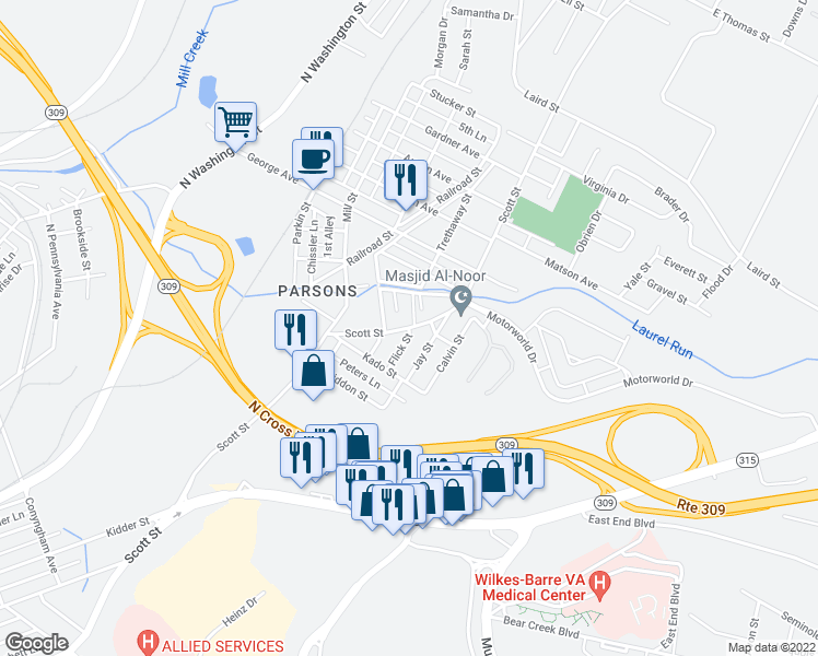 map of restaurants, bars, coffee shops, grocery stores, and more near 938 Scott St in Wilkes-Barre