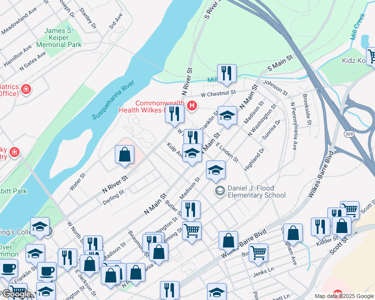 map of restaurants, bars, coffee shops, grocery stores, and more near 16 West Maple Street in Wilkes-Barre