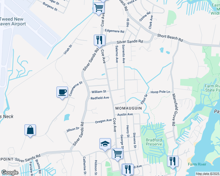 map of restaurants, bars, coffee shops, grocery stores, and more near 285 Coe Avenue in East Haven