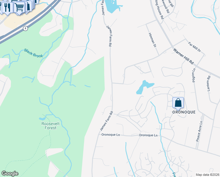 map of restaurants, bars, coffee shops, grocery stores, and more near 1455 James Farm Road in Stratford