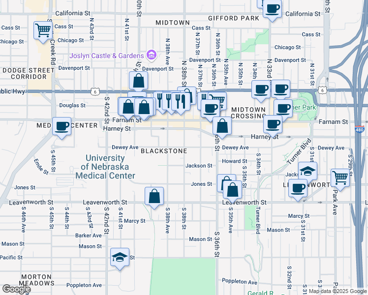 map of restaurants, bars, coffee shops, grocery stores, and more near 500 South 38th Street in Omaha