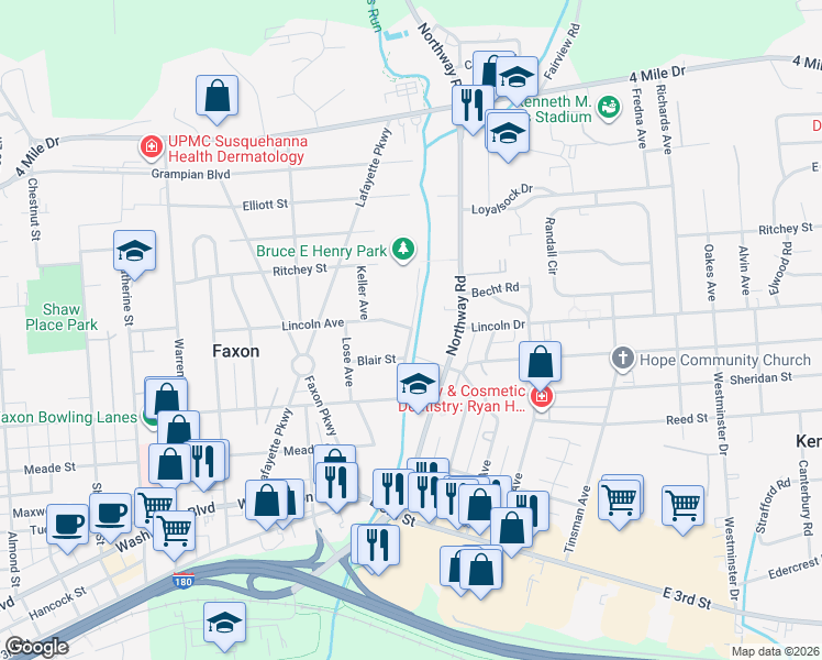 map of restaurants, bars, coffee shops, grocery stores, and more near 1698 Lincoln Ave in Williamsport