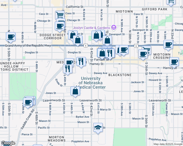 map of restaurants, bars, coffee shops, grocery stores, and more near South 42nd Street & Dewey Avenue in Omaha
