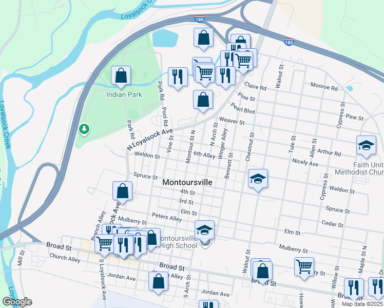 map of restaurants, bars, coffee shops, grocery stores, and more near 512 Montour Street North in Montoursville