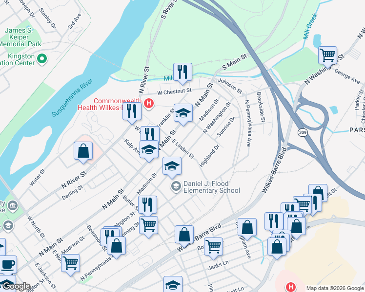 map of restaurants, bars, coffee shops, grocery stores, and more near 437 Madison Street in Wilkes-Barre