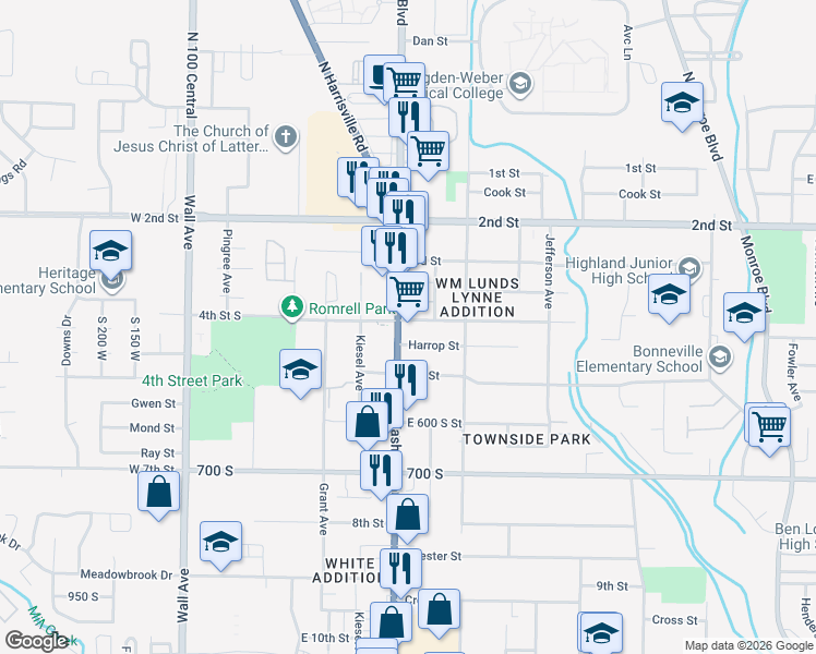 map of restaurants, bars, coffee shops, grocery stores, and more near 404 Washington Boulevard in Ogden