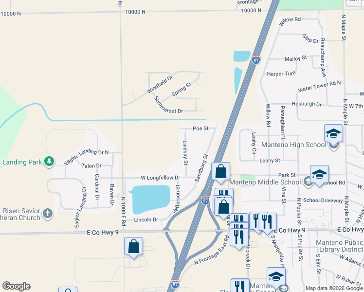 map of restaurants, bars, coffee shops, grocery stores, and more near 663 Lindsay Street in Manteno