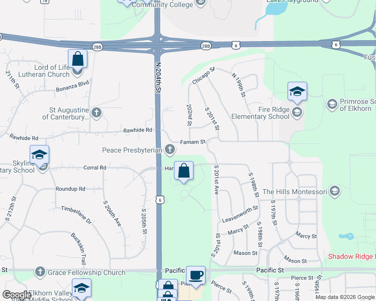 map of restaurants, bars, coffee shops, grocery stores, and more near 20201 Farnam Street in Omaha