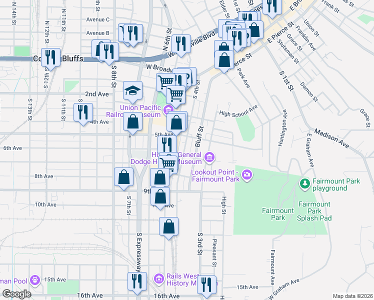 map of restaurants, bars, coffee shops, grocery stores, and more near 523 South 4th Street in Council Bluffs