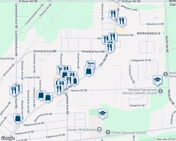 map of restaurants, bars, coffee shops, grocery stores, and more near 2311 Elm Rd NE in Warren