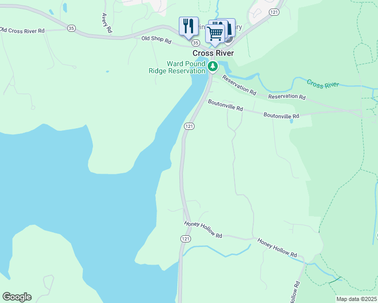 map of restaurants, bars, coffee shops, grocery stores, and more near 45 Cross River Road in Pound Ridge
