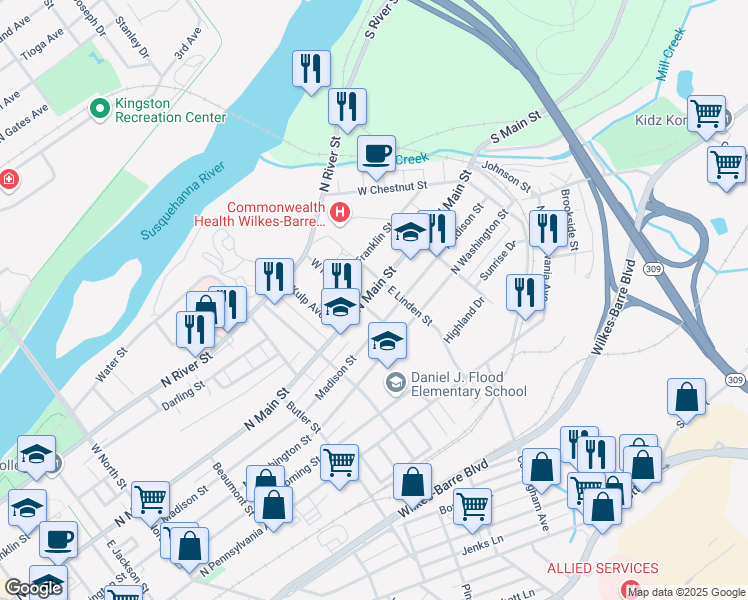 map of restaurants, bars, coffee shops, grocery stores, and more near 551 North Main Street in Wilkes-Barre