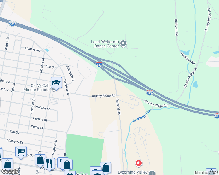 map of restaurants, bars, coffee shops, grocery stores, and more near 214 Brushy Ridge Road in Montoursville