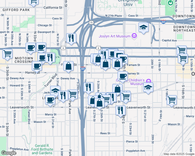 map of restaurants, bars, coffee shops, grocery stores, and more near 2620 Dewey Avenue in Omaha