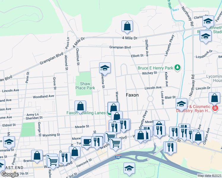 map of restaurants, bars, coffee shops, grocery stores, and more near 1200 Miller Street in Williamsport