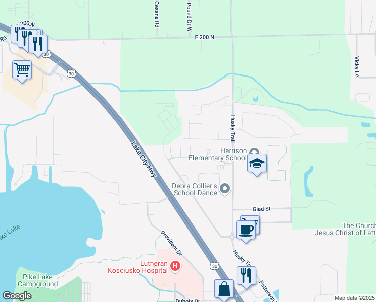 map of restaurants, bars, coffee shops, grocery stores, and more near 1904 North Sandcastle Drive in Warsaw