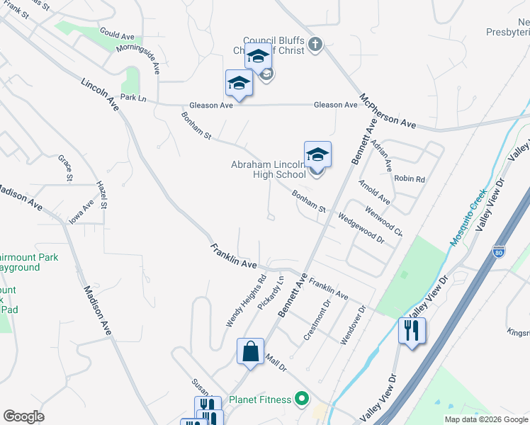 map of restaurants, bars, coffee shops, grocery stores, and more near 907 Franklin Avenue in Council Bluffs