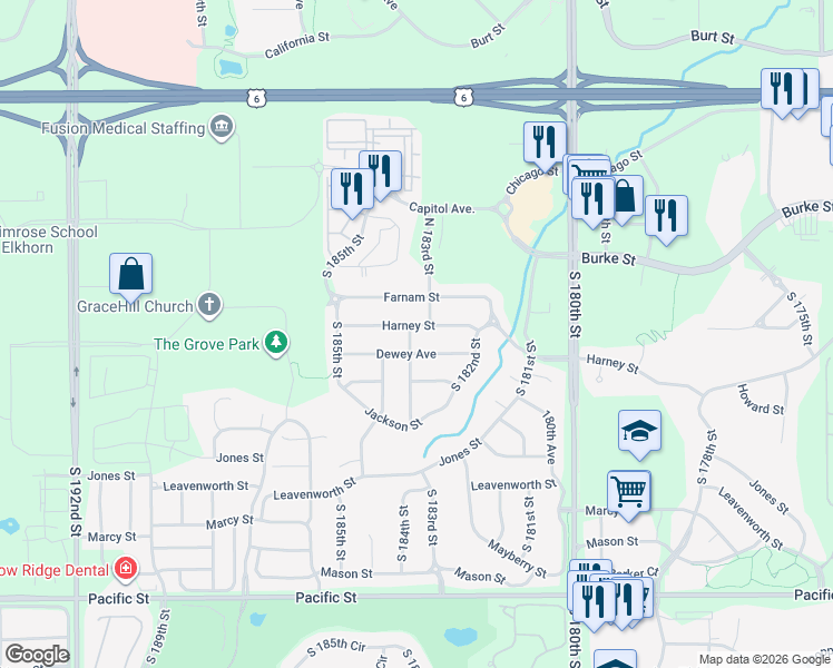 map of restaurants, bars, coffee shops, grocery stores, and more near 18315 Harney Street in Omaha