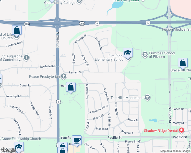 map of restaurants, bars, coffee shops, grocery stores, and more near 20011 Farnam Street in Omaha