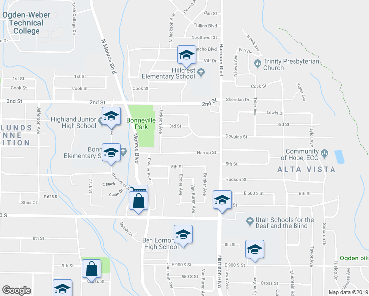 map of restaurants, bars, coffee shops, grocery stores, and more near 1066 Harrop Street in Ogden