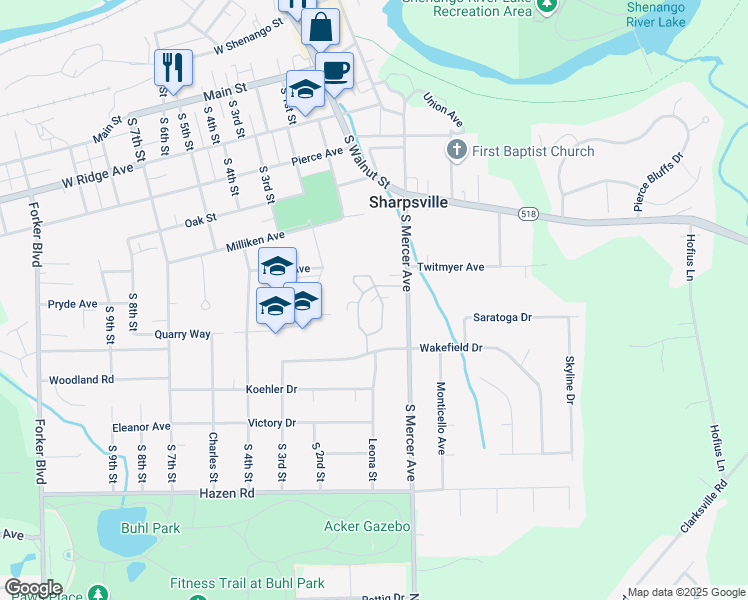 map of restaurants, bars, coffee shops, grocery stores, and more near 459 Colonial Court in Sharpsville