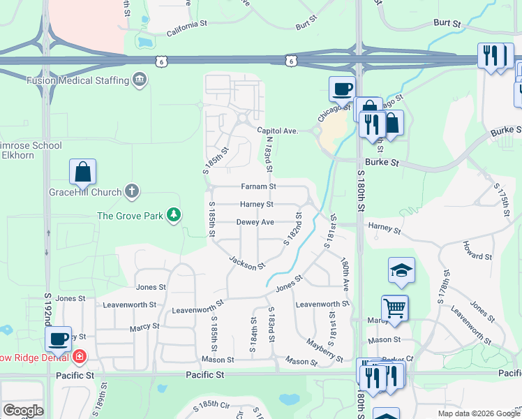 map of restaurants, bars, coffee shops, grocery stores, and more near 18315 Harney Street in Omaha