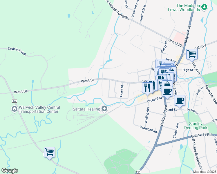 map of restaurants, bars, coffee shops, grocery stores, and more near 12 Division Street in Warwick