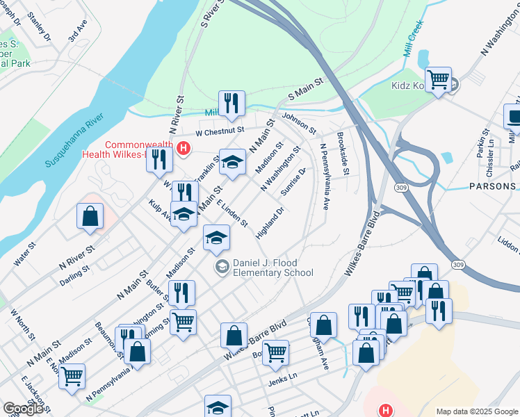 map of restaurants, bars, coffee shops, grocery stores, and more near 8 Highland Dr in Wilkes-Barre