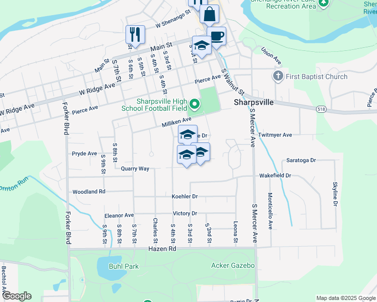 map of restaurants, bars, coffee shops, grocery stores, and more near 100 Hittle Avenue in Sharpsville