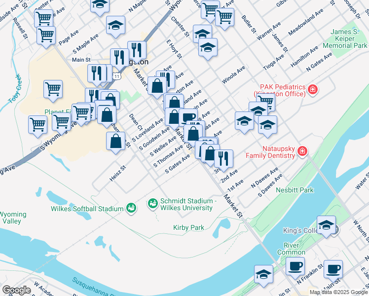 map of restaurants, bars, coffee shops, grocery stores, and more near 368 Market Street in Kingston