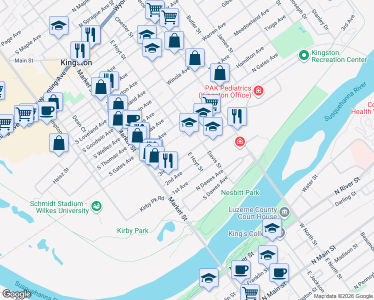 map of restaurants, bars, coffee shops, grocery stores, and more near 95-97 3rd Avenue in Kingston