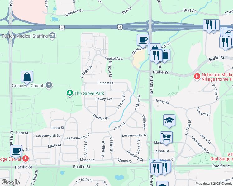 map of restaurants, bars, coffee shops, grocery stores, and more near 18227 Harney Street in Omaha