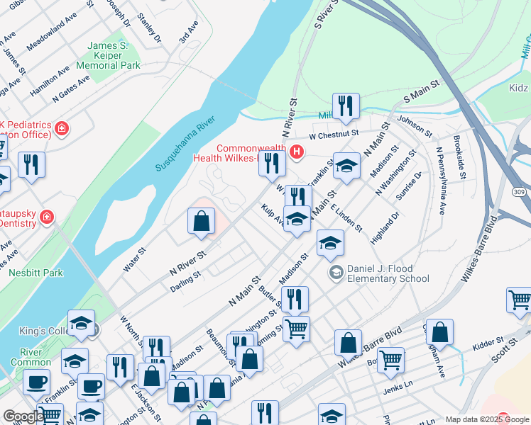 map of restaurants, bars, coffee shops, grocery stores, and more near 40 Kulp Avenue in Wilkes-Barre