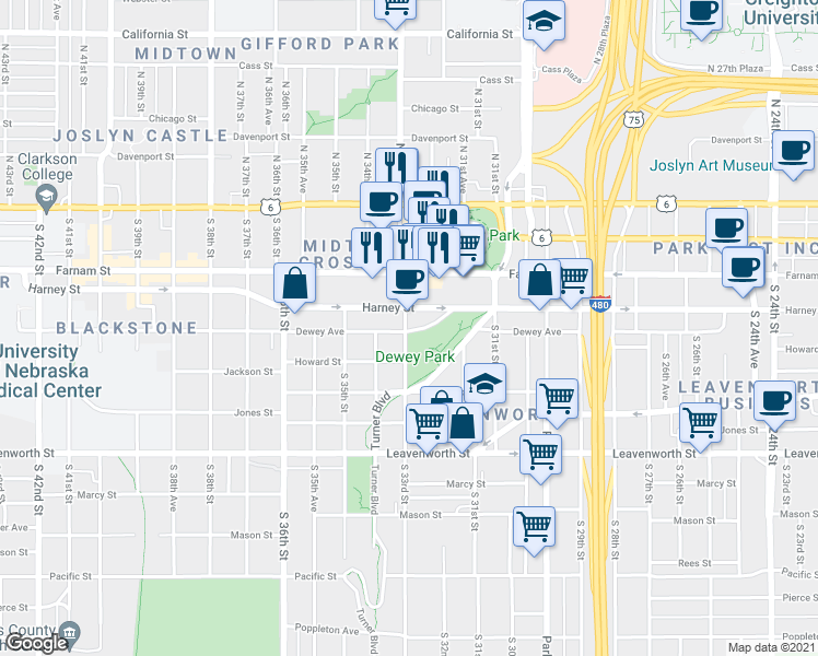 map of restaurants, bars, coffee shops, grocery stores, and more near 425 South 33rd Street in Omaha