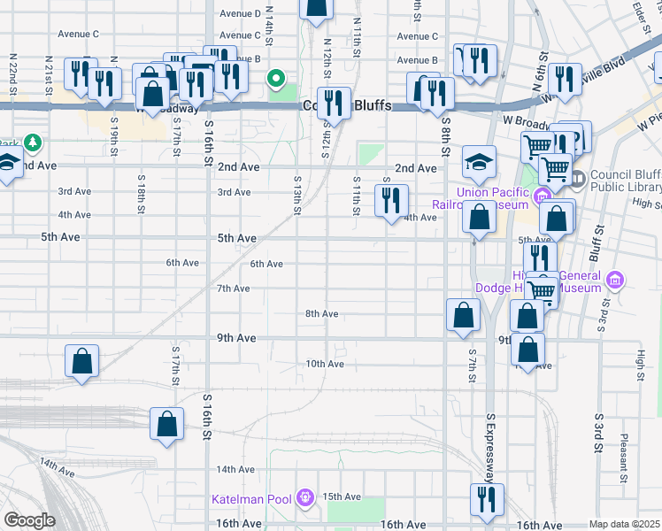 map of restaurants, bars, coffee shops, grocery stores, and more near 1201 6th Avenue in Council Bluffs